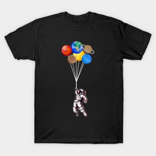 Astronaut holding Planet Balloons Solar System space T-Shirt